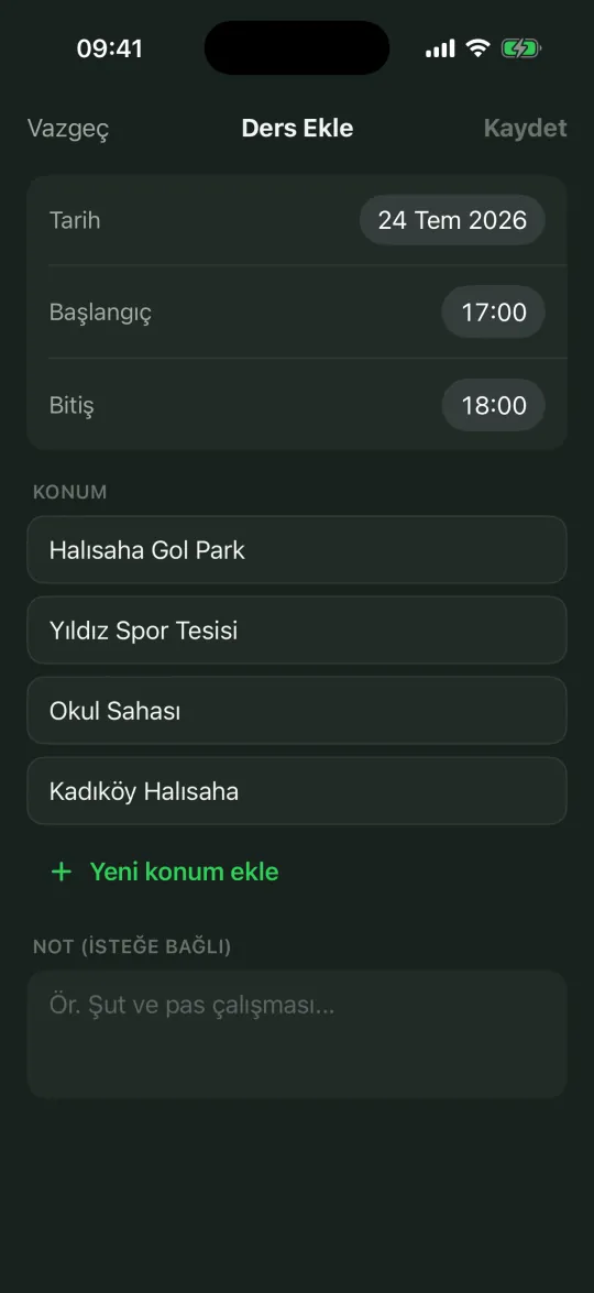 Kayıtlı sahalardan ders ekleme